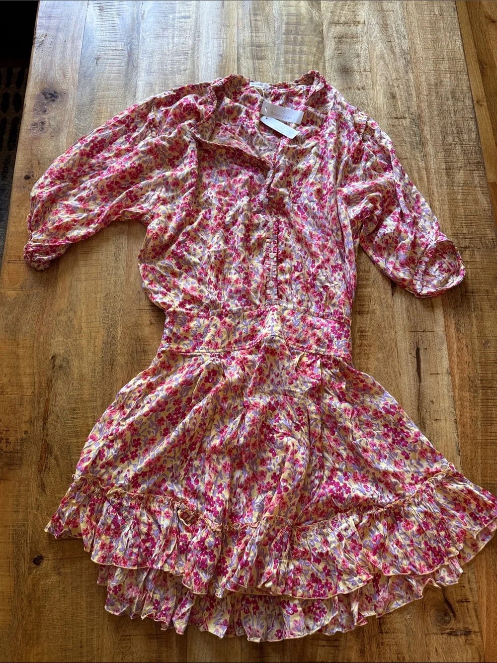 Poupette St Barth Caline Purple Daffodil Floral Tiered Ruffle Mini Dress NWT Lg